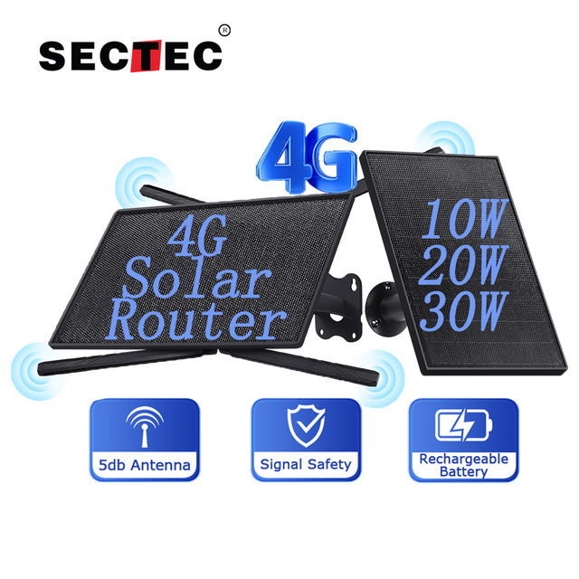 SECTEC Portable Waterproof Solar Router for Remote Areas 20W 10W Surveillance Cameras Battery Router 4G LTE with Sim Card Slot