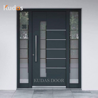 Porte d'entrée extérieure moderne en aluminium moulé avec panneaux latéraux en verre dépoli et serrure intelligente pour villa et maison