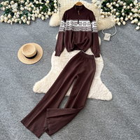 Ensemble tricoté décontracté pour femme, automne, coupe ample, haut à demi-zip à manches longues avec pantalon large taille haute