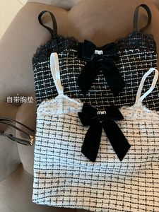 ファッションチェック柄タンクトップ女性ボウノットクロップキャミソール女性用トップチェック柄女性シームレスキャミソール快適トップタンクブラパッド付き - Product Image 3
