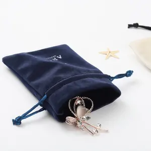 9x12 Cm Custom Silver Logo Printed Velvet Gift Bag High Quality Blue Beige Black Velvet Jewelry Pouch