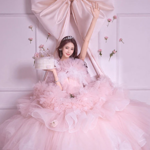 Pink Tulle Ball Gown Strapless Empire Waist Wedding Dress For Studio Photo Shoots - Product Image 2