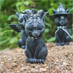 Décoration d'halloween, chapeau de sorcières, Figurine de chat, Gnome, ornement de pelouse, résine, Figurine de chat noir, Statue d'horreur, artisanat - Product Image 2