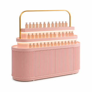 Comptoir de présentation de cosmétiques ovale rose avec éclairage LED, vitrine en îlot à niveaux et cadre en arche dorée pour magasin de parfums - Product Image 2