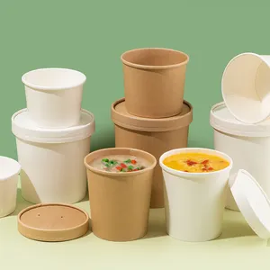 Envase de comida desechable respetuoso con el medio ambiente, cuencos de papel para Fideos Kraft, tazas de sopa caliente con tapa