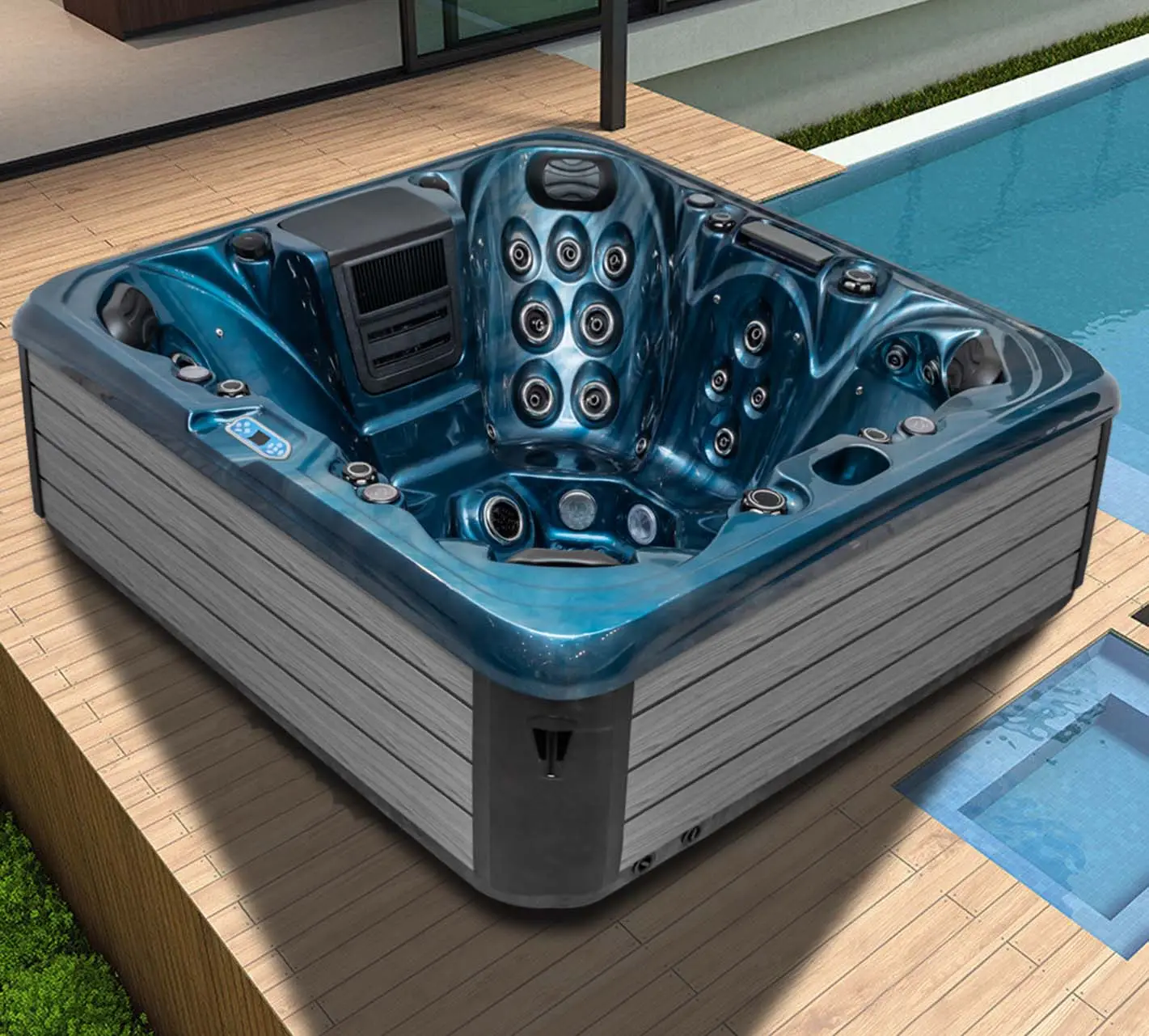 7 Sitze großer freistehender Stahlrahmen mit Massagedüsen-Whirlpool Whirlpool Acryl-Außen badewanne