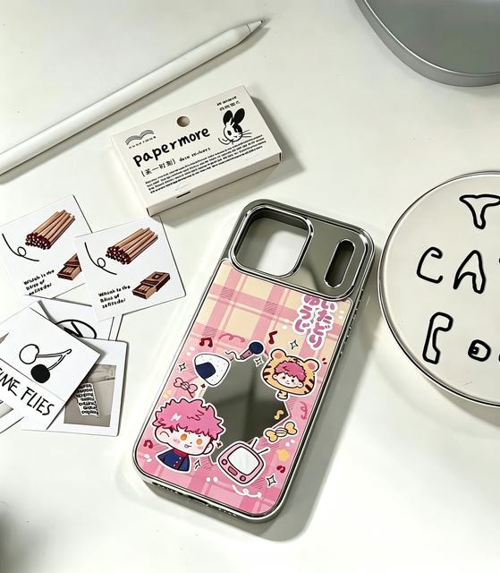 Aoermei Kawaii Cartoon Mirror Phone Case Electroplated Silver Edge Hollow DIY Decor Shockproof for