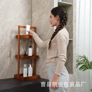 Étagère de salle de bain en bois massif, autoportante, multi-niveaux, pour organiser les articles de toilette, à placer près de la baignoire - Product Image 1