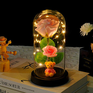 Lampe de nuit avec couvercle en verre, lumière rose, décoration en forme d'ours, cadeau de la Saint-Valentin, couvercle en acrylique, rose simulée - Product Image 6