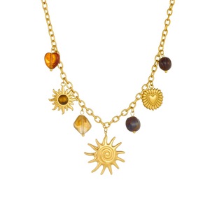 Sun Pendant Gold Plated Necklace <b>Set</b> With Tiger Eye Heart Charm Women's Fashion Jewelry Party Wear - Product Image 5