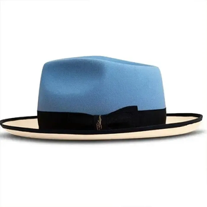 Beige Blue Wool Fedora <b>Hat</b> With Black Band 56-58CM Unisex Adult Casual European Style - Product Image 1