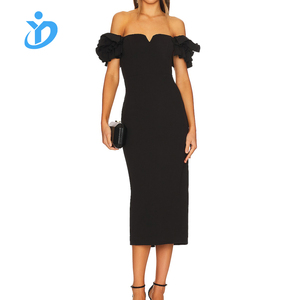 Vestido Midi ajustado de noche elegante para mujer fabricante de ropa personalizada negro Ponte sin mangas con hombros descubiertos y volantes - Product Image 1
