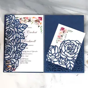 Ychon अनुकूलित लक्जरी मुड़ा गुलाब लेजर कट निमंत्रण कार्ड व्यापार निमंत्रण कार्ड लिफाफा कार्ड शादी के लिए सम्मेलन