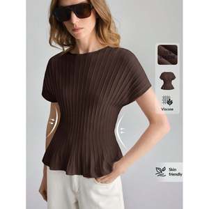 Pull rayé à manches courtes pour femme, couleur bordeaux, haut en tricot côtelé doux pour tous les jours - Product Image 2