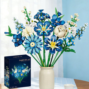 Lot de fleurs artificielles en plastique bleues pour décoration de bureau, ornements DIY, bouquet de tulipes et d'orchidées, ensemble de blocs de construction en gros - Product Image 1
