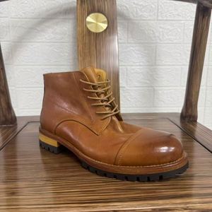 Bottes de travail montantes pour hommes en cuir de cheval véritable, délavées, rétro, faites à la main, haut de gamme, à triple articulation - Product Image 3