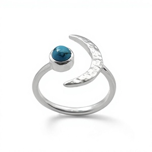 Bague demi-lune en argent sterling 925 avec serti clos et pierre précieuse turquoise, bijou fin fait main, tendance, chrétien, antique - Product Image 1