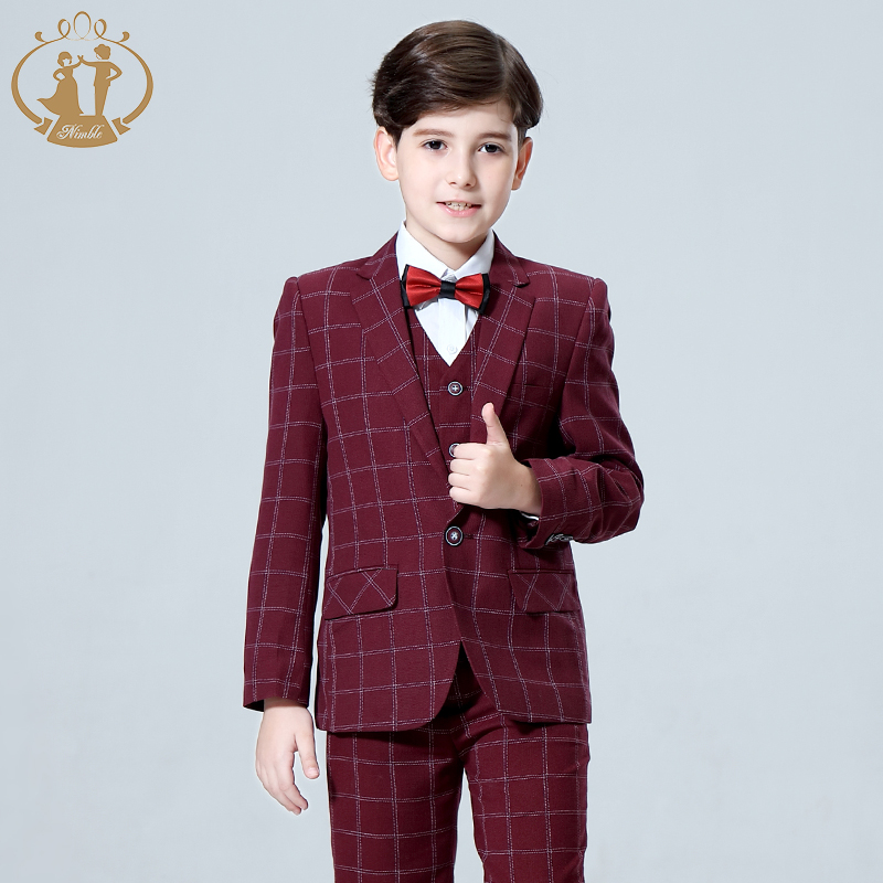 Newest Design Wine Stripe Grid Corduroy Jacket 3 Pieces Suits Boys Formal Wedding Tuxedo Suits Blazer Set