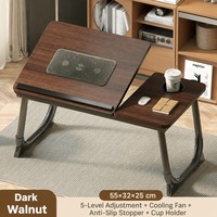 Table pliable pour ordinateur portable avec ventilateurs USB doubles, bureau en bois, 5 angles de hauteur réglables, cadre métallique, support portable pour lit et canapé