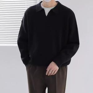 Vente en gros de pulls de couleur unie à manches longues pour hommes, nouveaux matériaux, pulls en cachemire tricotés à col rabattu anti-rides - Product Image 3