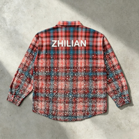 Kemeja Hip-Hop Lengan Panjang Kancing Depan Model Longgar dengan Aksen Rhinestone Penuh dan Gaya Vintage Washed