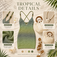 Robe Courte Moulante Tricotée Côtelée Dégradée pour Femme, Col V Profond, Bretelles Halter, Sans Manches, Coupe Slim, Idéale pour la Plage