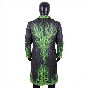 Custom <b>Men's</b> Slim Fit Green Flame Cowhide Leather <b>Trench</b> <b>Coat</b> | Long Heavy Duty Zipper & Button Front Overcoat for Wholesale - Product Image 2