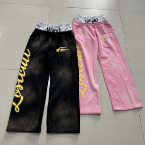 Özel Jwide bacak alevlendi Baggy yığılmış asit yıkanmış <span class=keywords><strong>Sweatpants</strong></span> sıkıntılı çift kemer Rhinestone ter pantolon pantolon erkekler için - Product Image 2