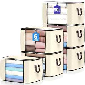 6-Pack <b>Collapsible</b> Organizers for Blankets Bedding & Clothes - Large 90L Zip <b>Storage</b> Bags with Handles - Product Image 1