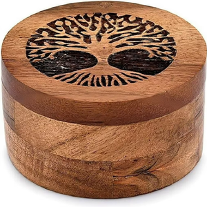 Kotak Kenangan Hewan Peliharaan, Wadah Kremasi, Tempat Penyimpanan Rambut Anjing & Abu, Kayu Solid Bulat Ukiran Vintage Mewah - Product Image 3