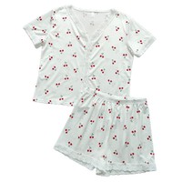 Pyjama d'été transfrontalier best-seller, respirant, col en V, imprimé cœurs cerises, bordure brodée soluble dans l'eau, manches courtes et short