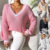 Pull décontracté en maille plate à col en V pour femme, style preppy, color block, manches longues lanternes amples, en polyester standard, pour l'hiver