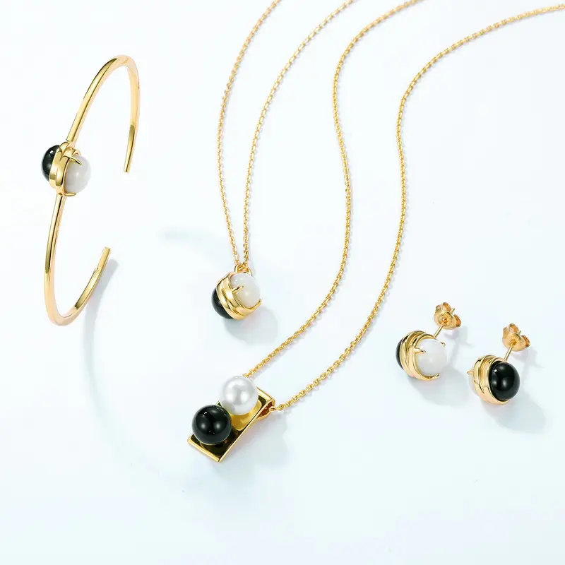 Black Onyx And Pearl Necklace Set,925 Sterling Silver 10K Gold Vermeil Jewelry Set