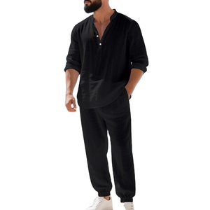 Cross Border autunno americano abito di <span class=keywords><strong>lino</strong></span> largo vacanza casa pendolarismo stile sottile camicia a maniche lunghe Set pantaloni lunghi - Product Image 2