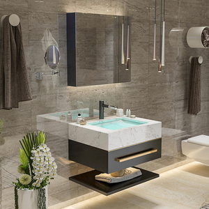 Mueble moderno de lujo con diseño flotante, encimera de piedra de <span class=keywords><strong>roca</strong></span>, fregadero de cerámica, armario de baño, espejo LED, juego de tocador con cajones - Product Image 6