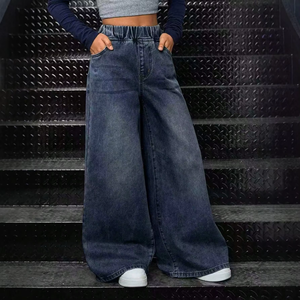 <span class=keywords><strong>Jean</strong></span> ample bleu à jambe large pour adolescentes – Tendance du moment, taille élastique, en denim, avec poches avant et arrière, pour un usage quotidien décontracté - Product Image 3
