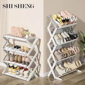 Shi sheng rack de sapatos escondidos dobrável, cinza ajustável, 4 andares de sapatos de plástico para entradas de salto alto