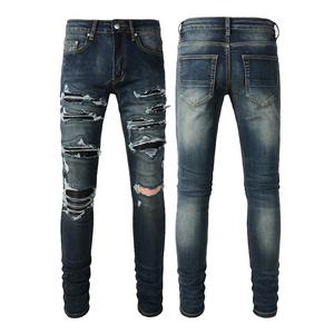 Venta al por mayor Negro Patch Pants Hip Hop Azul Ropa Stretch Elastic Stack Ripped Slim Fit Skinny Designer Denim Jeans para Hombres - Product Image 1