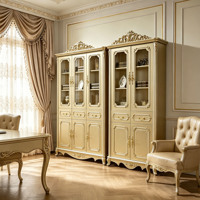 Bibliothèque de luxe européenne en bois massif sculpté à la main, vitrine dorée avec porte en verre, étagère pour livres, mobilier de bureau à domicile, vente en gros
