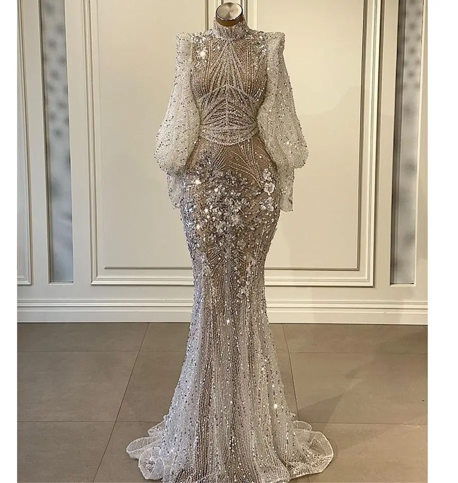 Mermaid Evening-Dresses 2021 Vestido De Festa Custom Made Long Sleeve Beaded Formal Party Gowns