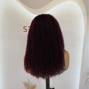 Perruque bouclée 100% <span class=keywords><strong>cheveux</strong></span> humains avec <span class=keywords><strong>bandeau</strong></span> en dentelle 13*4, modèle d'exportation pour l'Afrique, stock d'usine, rouge bordeaux - Product Image 6