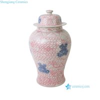 RZKY58-C Grosir Guci Porselen Motif Bunga Pink Biru Gaya Chinoiserie, Ukuran Sedang, Hiasan Tengah Meja Dekoratif