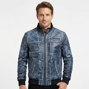 Chaqueta Bomber de Cuero Genuino Azul para Hombre, Abrigo de Piel de Vacuno con Lavado Desgastado, Cuello Alto, Ribete de Punto Acanalado, Clásica Personalizada, Cálida para Invierno - Product Image 1
