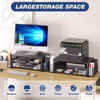 Organisateur de bureau double niveau en métal pour école/maison, support surélevé pour ordinateur portable/imprimante/moniteur, porte-stylos et tiroir de rangement coulissant
