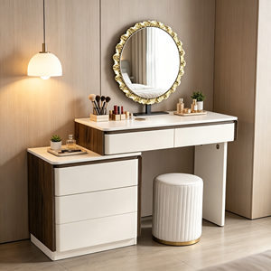 Coiffeuse moderne blanche avec miroir rond, meuble de rangement et tabouret pour chambre à coucher - Product Image 1
