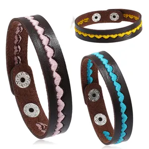 Custom Heart Embroidered Men Leather Jewelry Punk Style Wrap Button Vintage Bracelets For Women