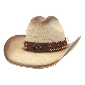 N43 Western Fedora Paper Straw Hand Made Wide Brim Hat with Leather Belt Image Style Business Casual Travel Ready - Product Image 1