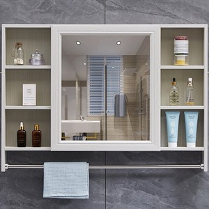 Wan Yusen Bathroom <b>Mirror</b> Cabinet <b>Wall</b> Mounted <b>Rectangle</b> Storage Rack With Towel Bar Tempered Glass Durable - Product Image 3