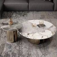 Ensemble de tables basses en pierre frittée de luxe, base en acier inoxydable doré poli, table centrale moderne pour salon
