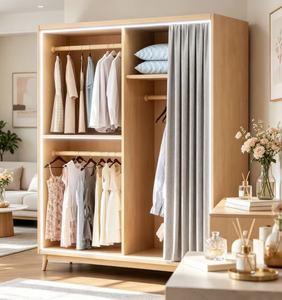 Armoire en bois moderne avec porte coulissante en tissu, grande capacité de rangement pour vêtements, style scandinave pour chambre à coucher - Product Image 3